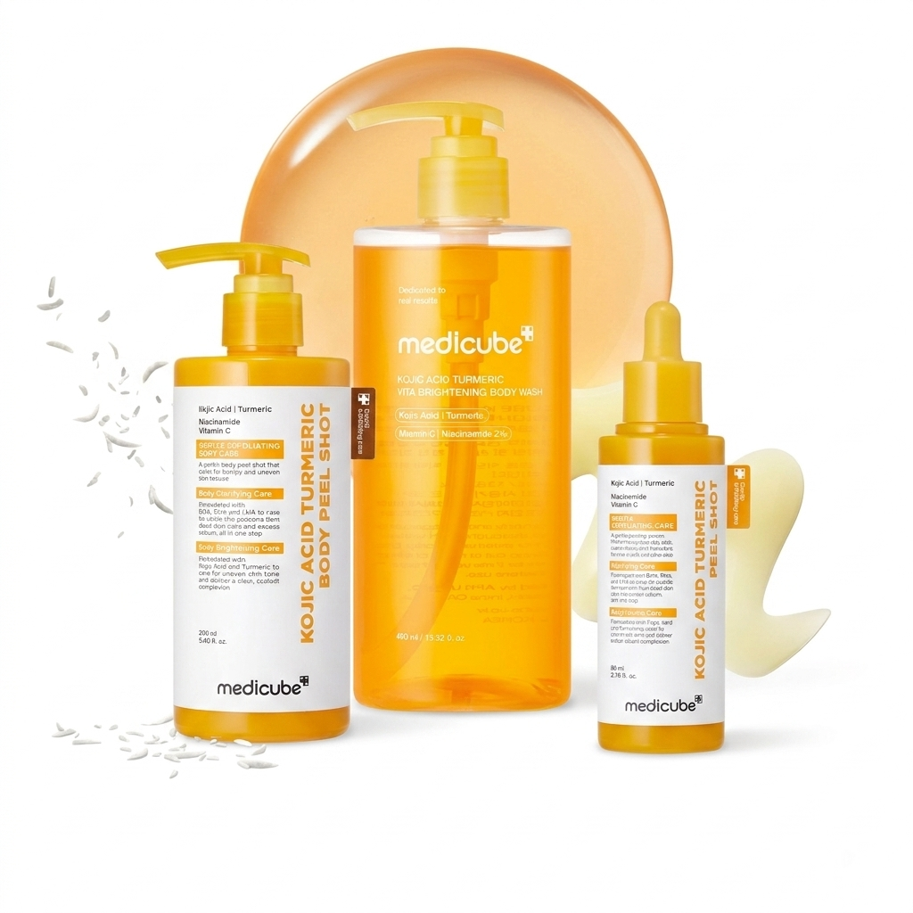 Medicube Kojic Acid Turmeric Trilogy Glow Set featuring skincare products with brightening and turmeric ingredients.