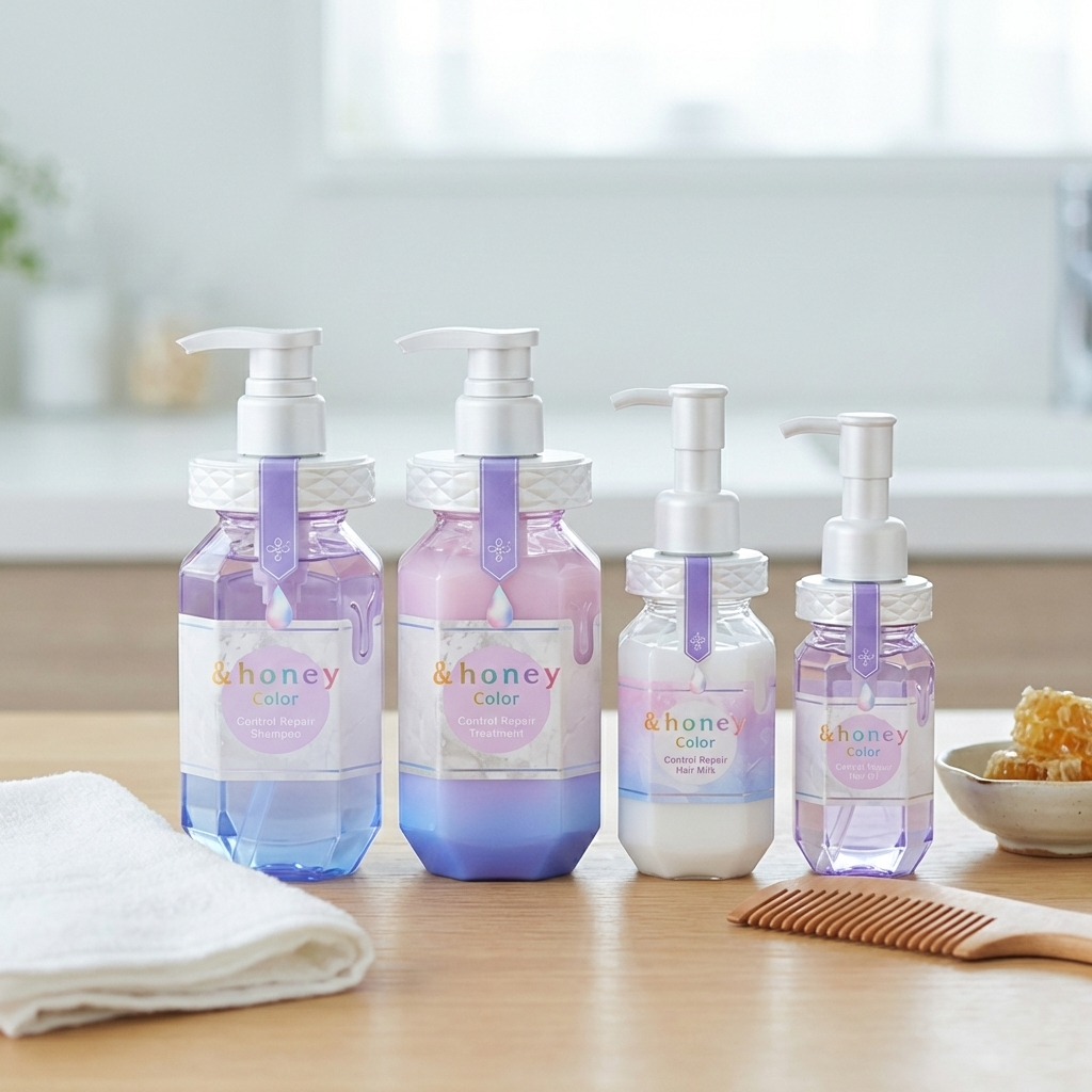 Set of four & Honey Color Control Repair Ultimate Protection hair care products with sleek packaging and vibrant labels.