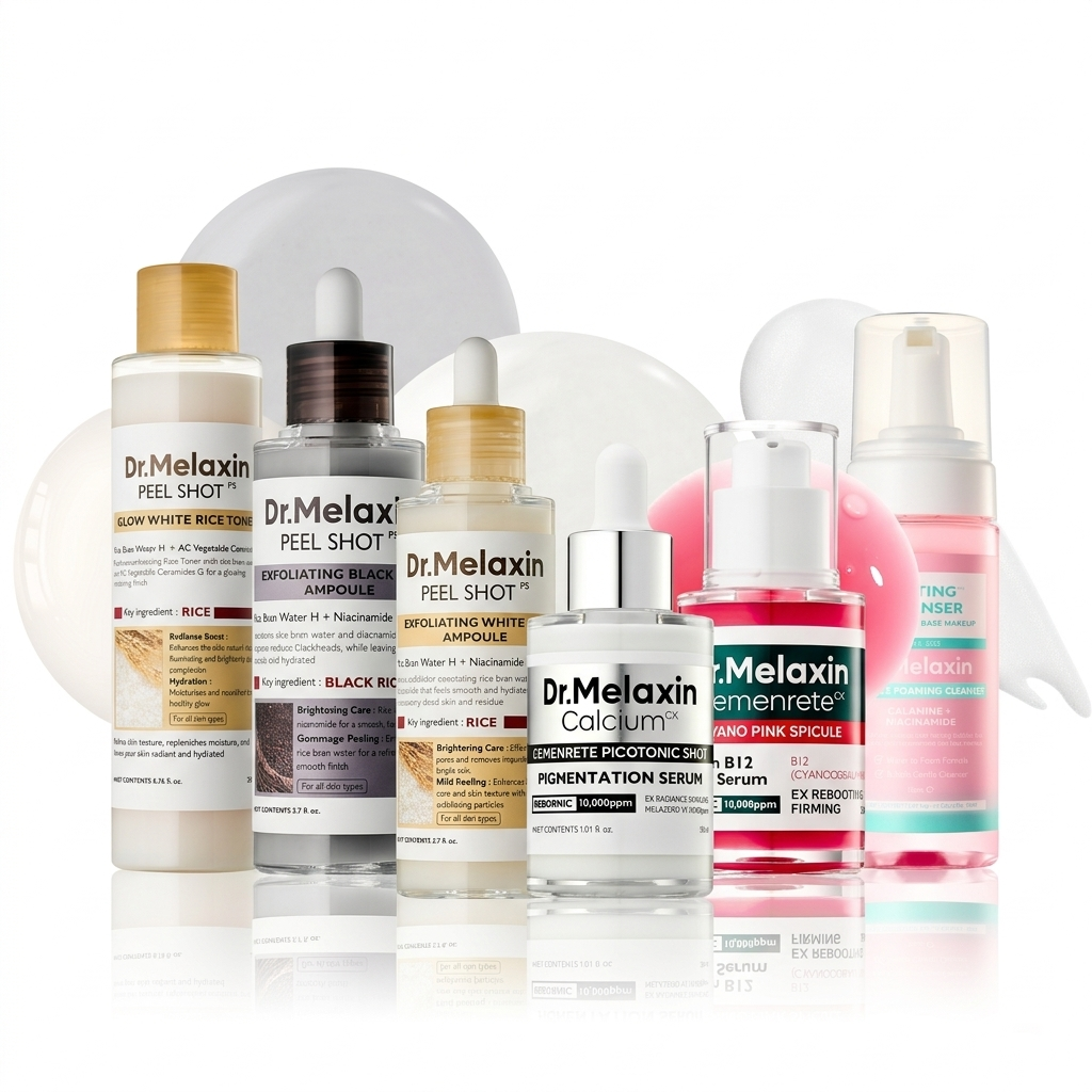Dr.Melaxin Glow Rice Glass Skin Premium Kit featuring skincare products with rice extract for luminous, glass-like skin.