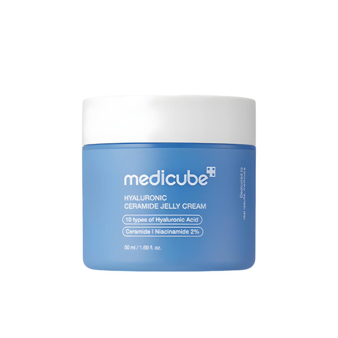 Medicube Hyaluronic Ceramide Jelly Cream in a 50ml jar showing smooth, hydrating gel texture with a clean, minimalist design.