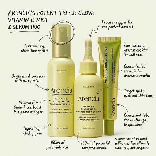 ARENCIA Vitamin C, Glutathione brightening skincare trio set with creams and serums in white and gold packaging.