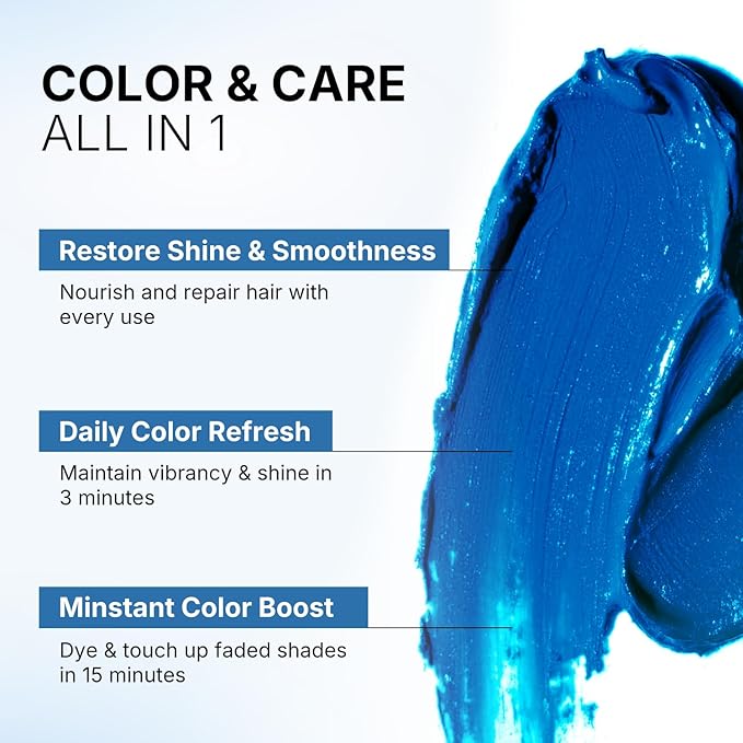 KARSEELL Blue Hair Color Depositing Mask in 500g jar, shown with blue-tinted hair and packaging details.