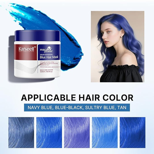 KARSEELL blue hair color depositing mask in a 500g container, designed to enhance and refresh blue hair color.
