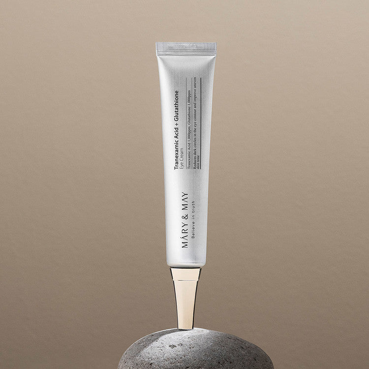 Mary & May Tranexamic Acid+ Glutathione Eye Cream 30ml with two mini eye creams, designed for under-eye skin care and brightening.