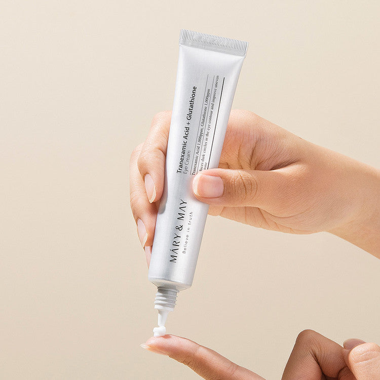 Mary & May Tranexamic Acid+ Glutathione Eye Cream 30ml with two free mini eye creams, designed for under-eye care.