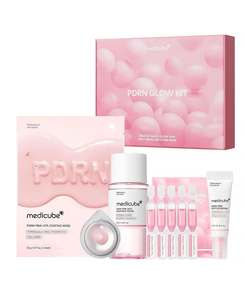Medicube PDRN Glow Kit skincare set with serum and moisturizer, featuring brightening and revitalizing ingredients.