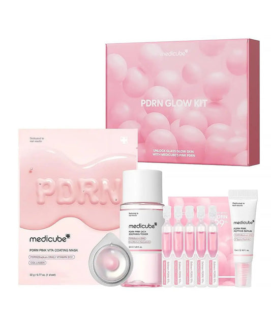 Medicube PDRN Glow Kit skincare set with serum and moisturizer, featuring brightening and revitalizing ingredients.