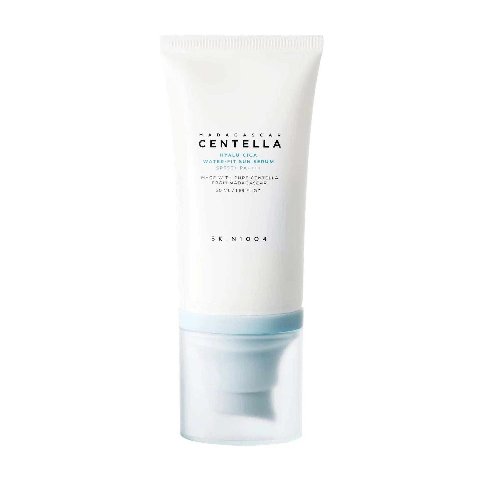 SKIN 1004 Madagascar Centella Hyalu-Cica Water-Fit Sun Serum SPF50+ PA++++ in a 50ml bottle, hydrating and protecting skin from sun damage