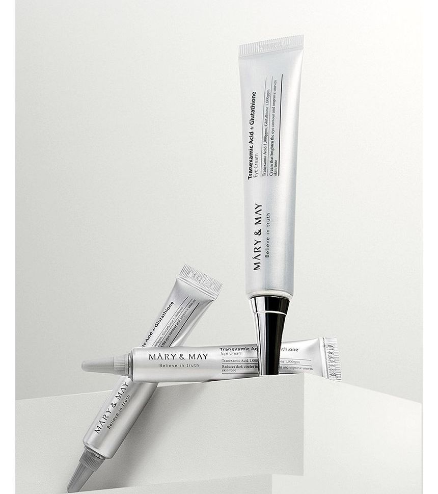 Mary & May Tranexamic Acid+ Glutathione Eye Cream 30ml with two free mini eye creams, designed for under-eye care and brightening.