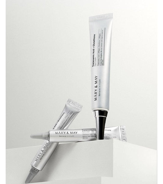 Mary & May Tranexamic Acid+ Glutathione Eye Cream 30ml with two free mini eye creams, designed for under-eye care and brightening.
