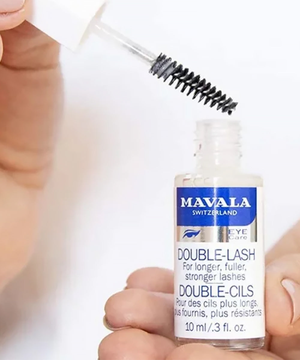 Mavala Double-Lash eyelash serum in 10 ml bottle, featuring sleek packaging and applicator brush for enhancing lash length and fullness