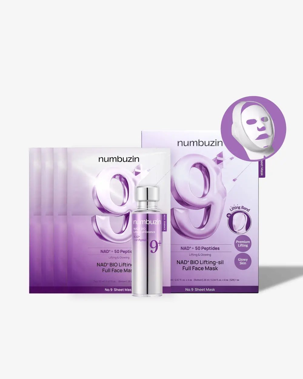 Numbuzin No.9 Lifting Duo skincare set with serum and moisturizer bottles on a white background.