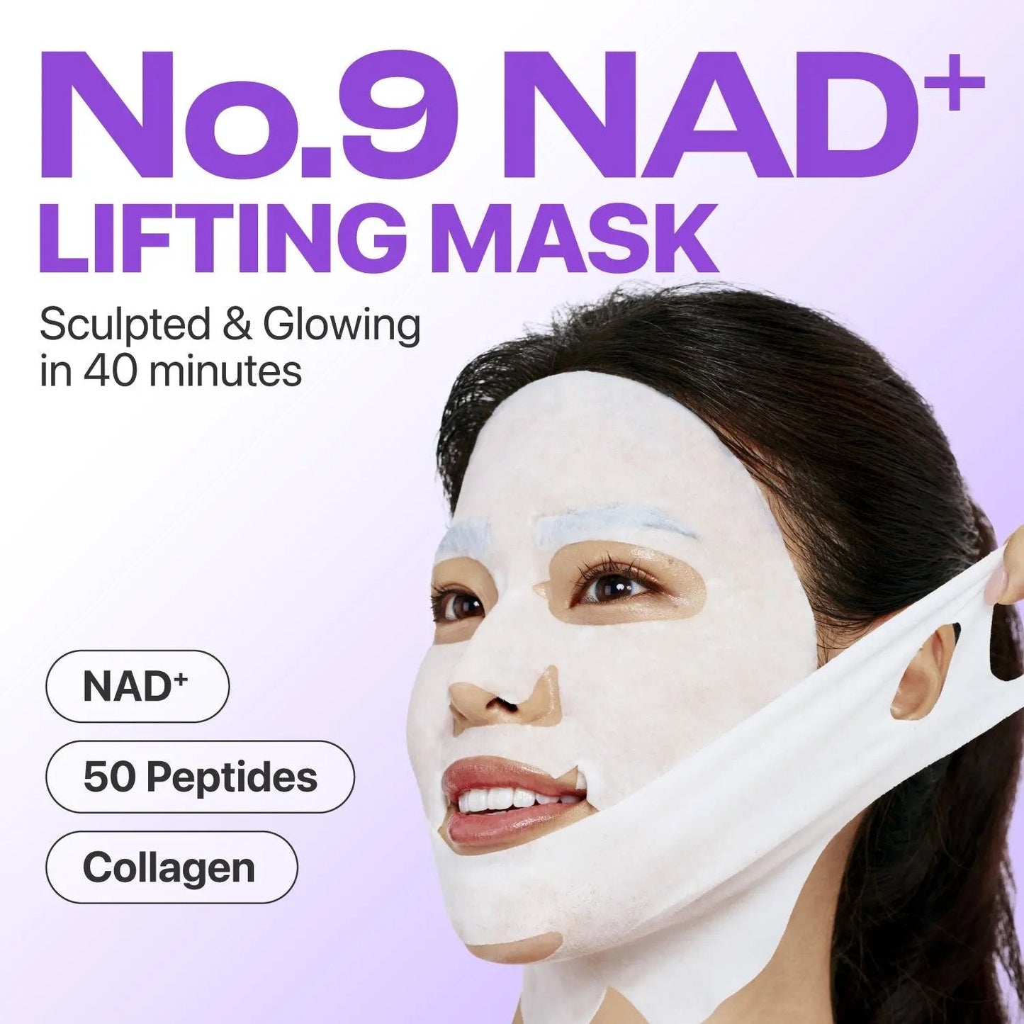 Numbuzin No.9 NAD+ Bio Lifting-Sil full face mask with 4 sheets and lifting band for skin firming and rejuvenation.