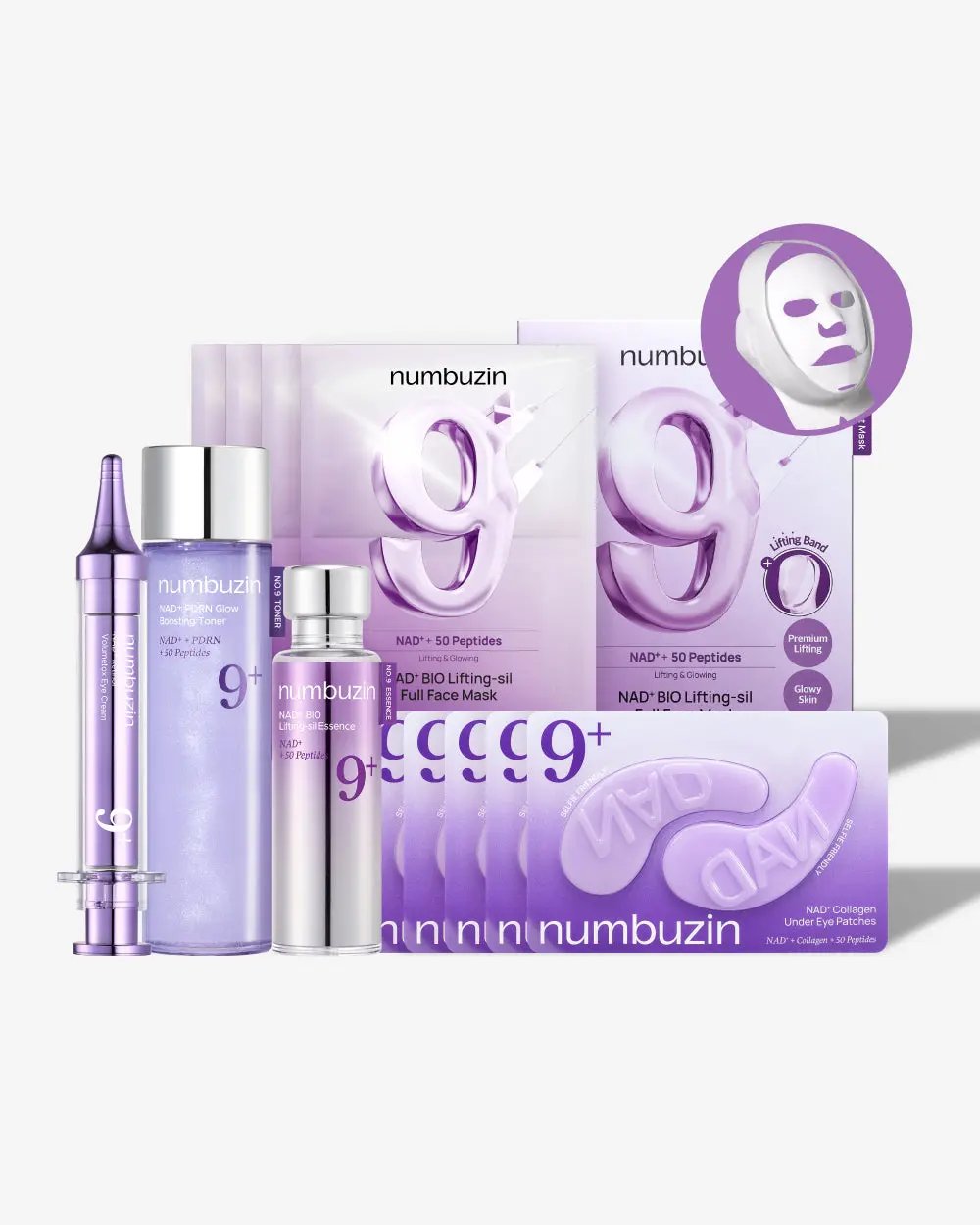 Numbuzin No.9 Ultimate Lifting Set with five skincare products, including serums and creams for skin lifting and firming.