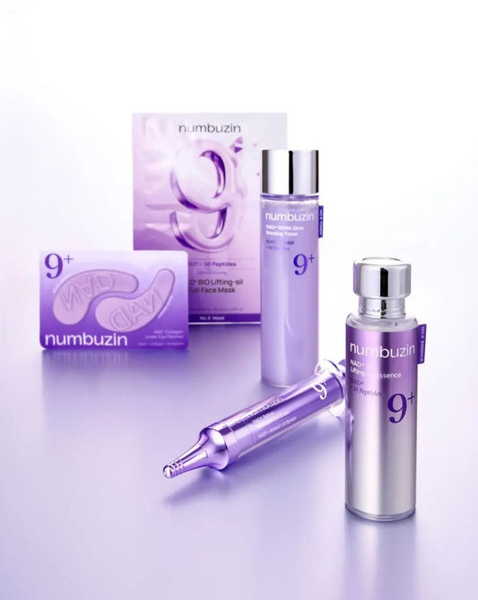 Numbuzin No.9 Ultimate Lifting Set with five skincare products, including serums and creams, in sleek packaging.