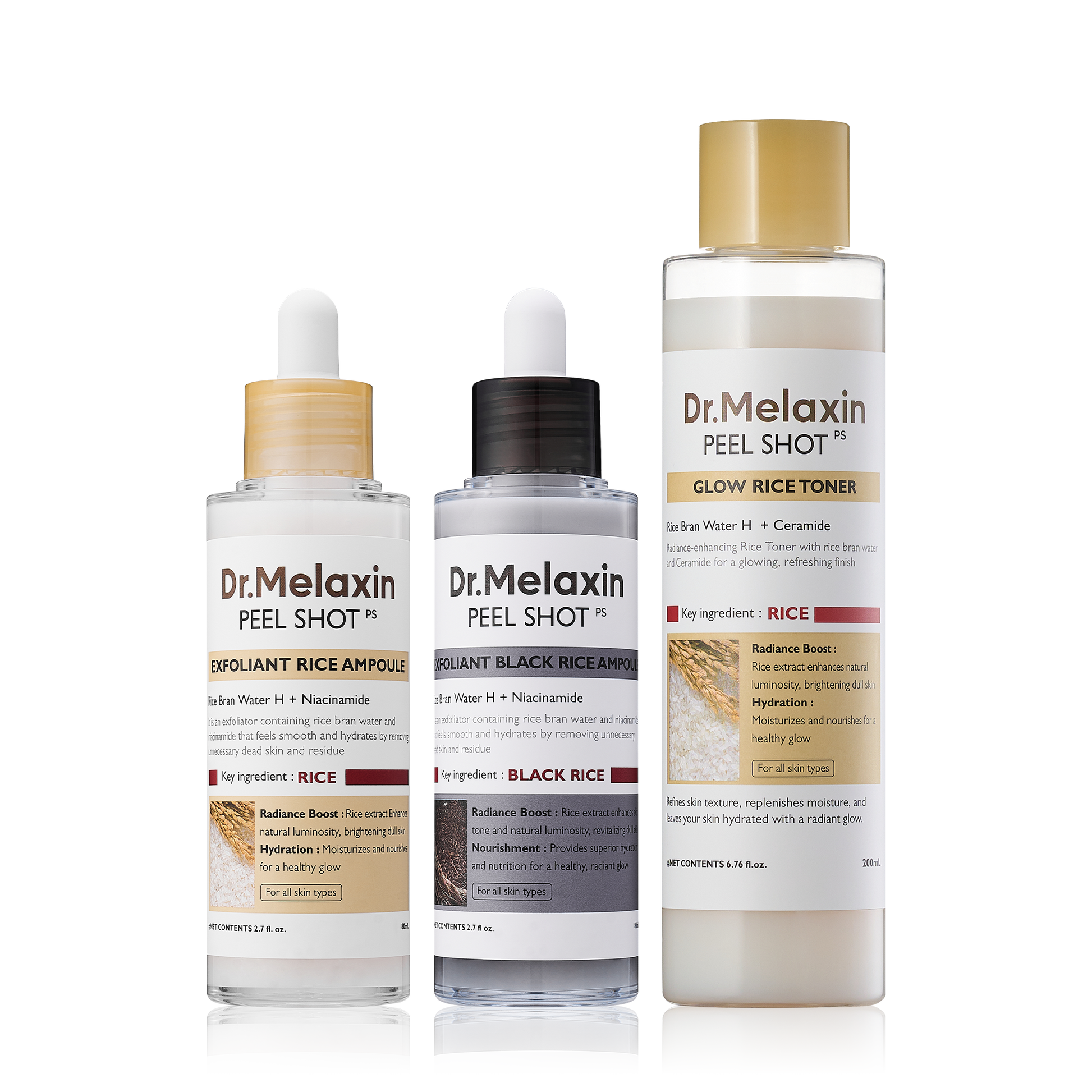 Dr.Melaxin Peel Shot Exfoliating Glow Rice Line set featuring three peel shot bottles with rice extract for radiant skin.