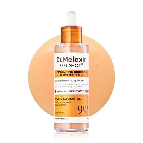 Dr.Melaxin Peel Shot Exfoliating Ampoule set featuring kojic acid and turmeric serum bottles on a white background