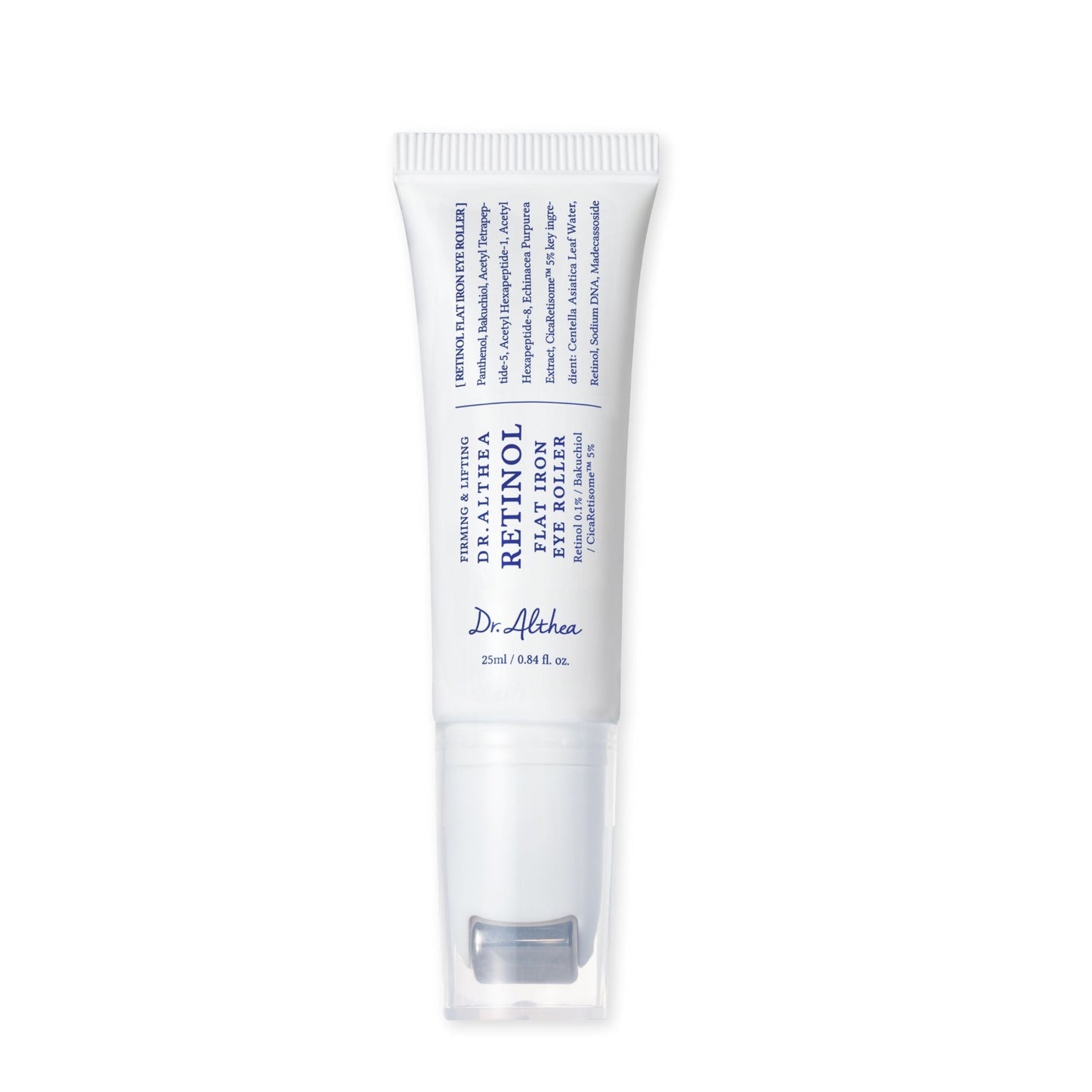 DR ALTHEA Retinol Flat Iron Eye Roller for skincare, featuring a sleek design and metal roller for eye area rejuvenation.