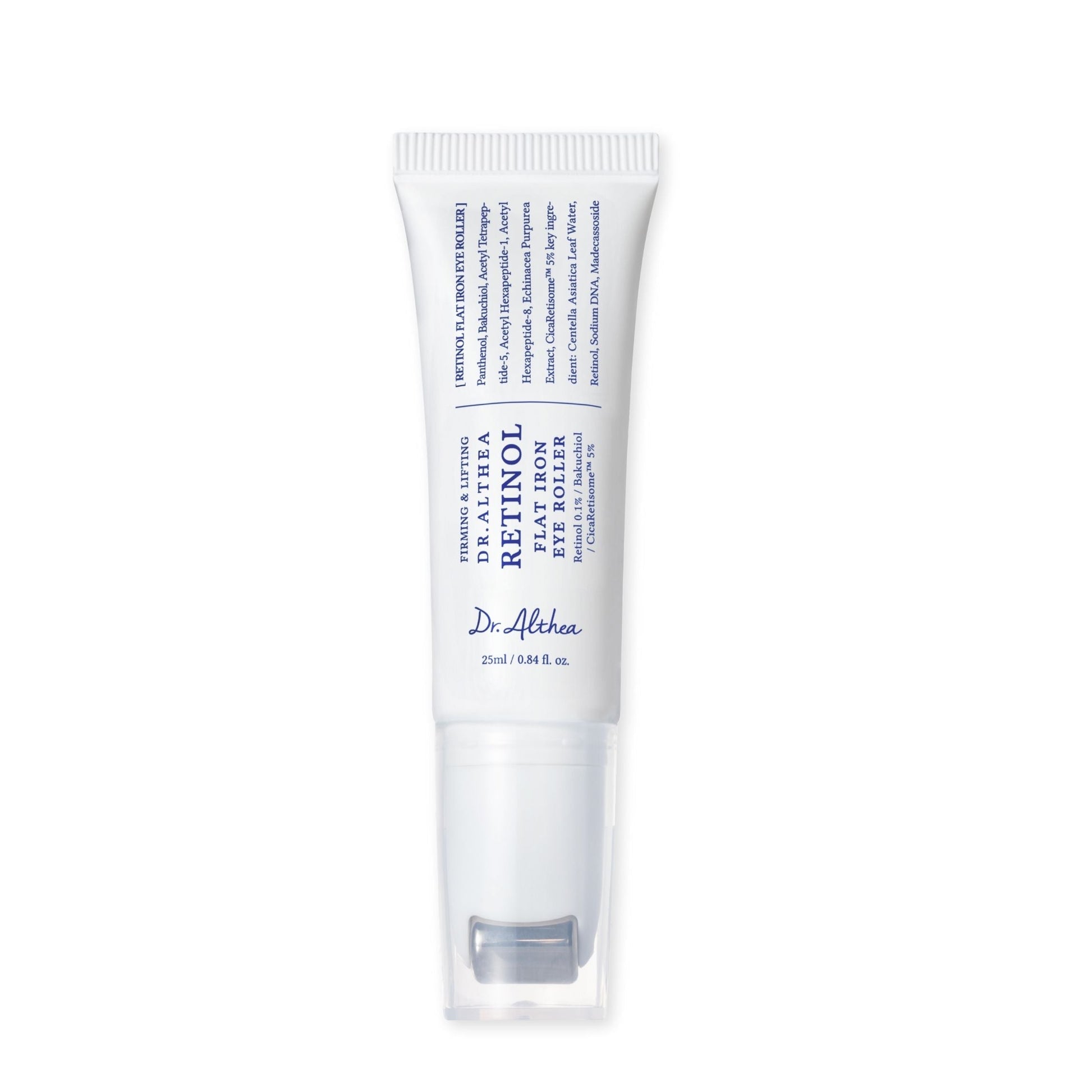 DR ALTHEA Retinol Flat Iron Eye Roller for skincare, featuring a sleek design and metal roller for eye area rejuvenation.