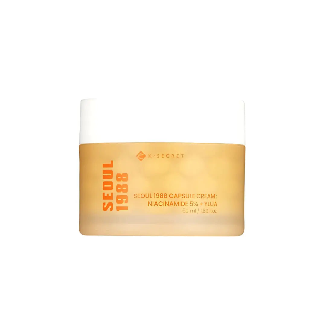 K-Secret Seoul 1988 Capsule Cream with Niacinamide 5% and Yuja in a 50 ml jar, demonstrating the skincare product's packaging.
