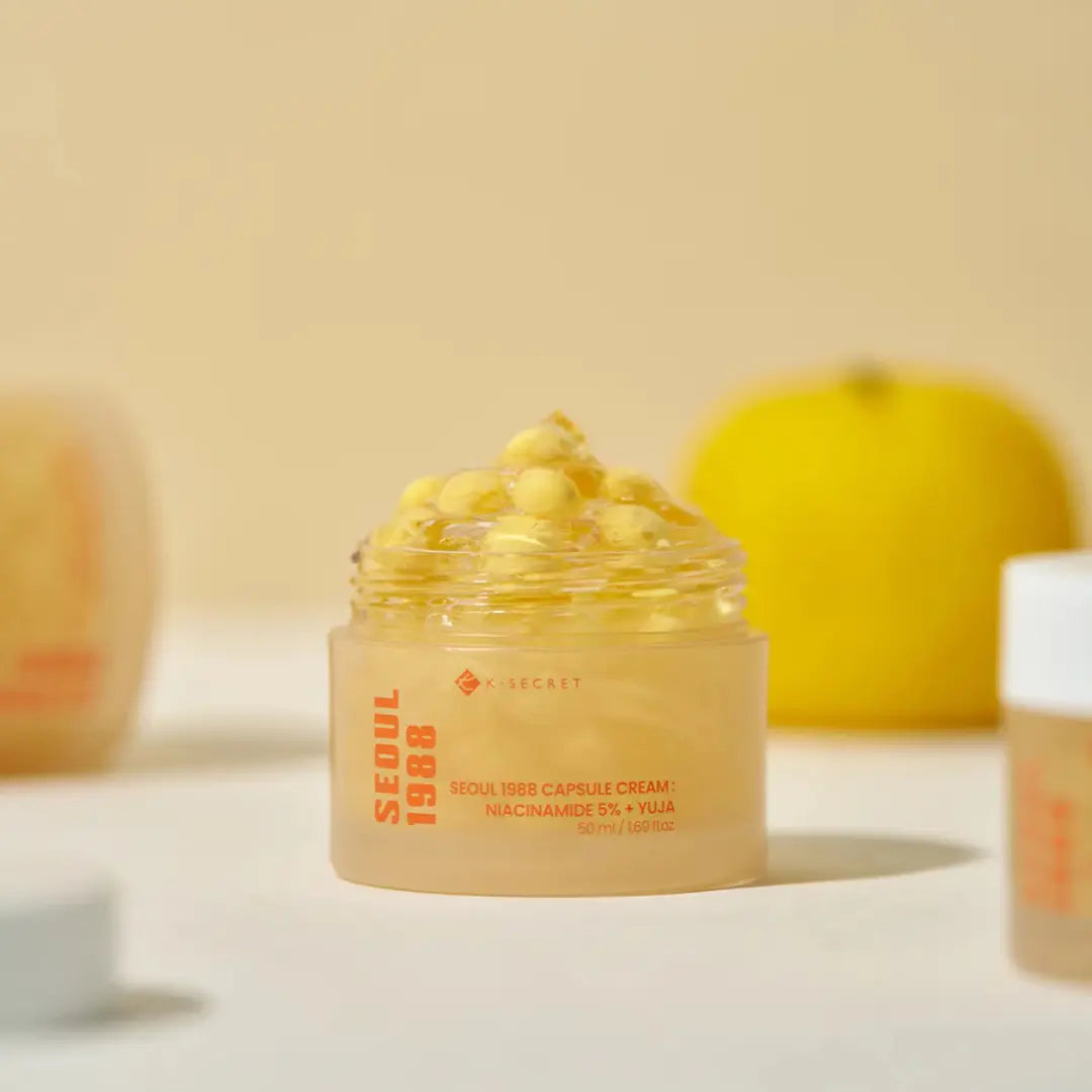 K-Secret Seoul 1988 Capsule Cream with Niacinamide 5% and Yuja, 50 ml, natural skincare product in a jar.