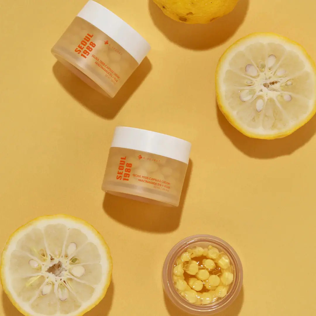 K-Secret Seoul 1988 Capsule Cream with Niacinamide 5% and Yuja, 50 ml, skincare product in a jar with a bright label.