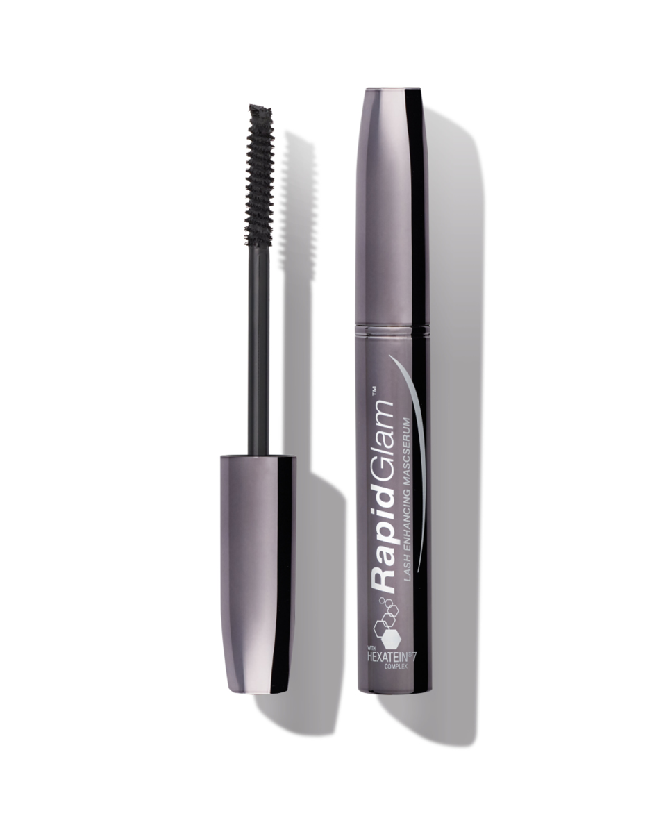 RapidLash RapidGlam lash enhancing mascara wand with curved brush for lengthening and defining eyelashes.