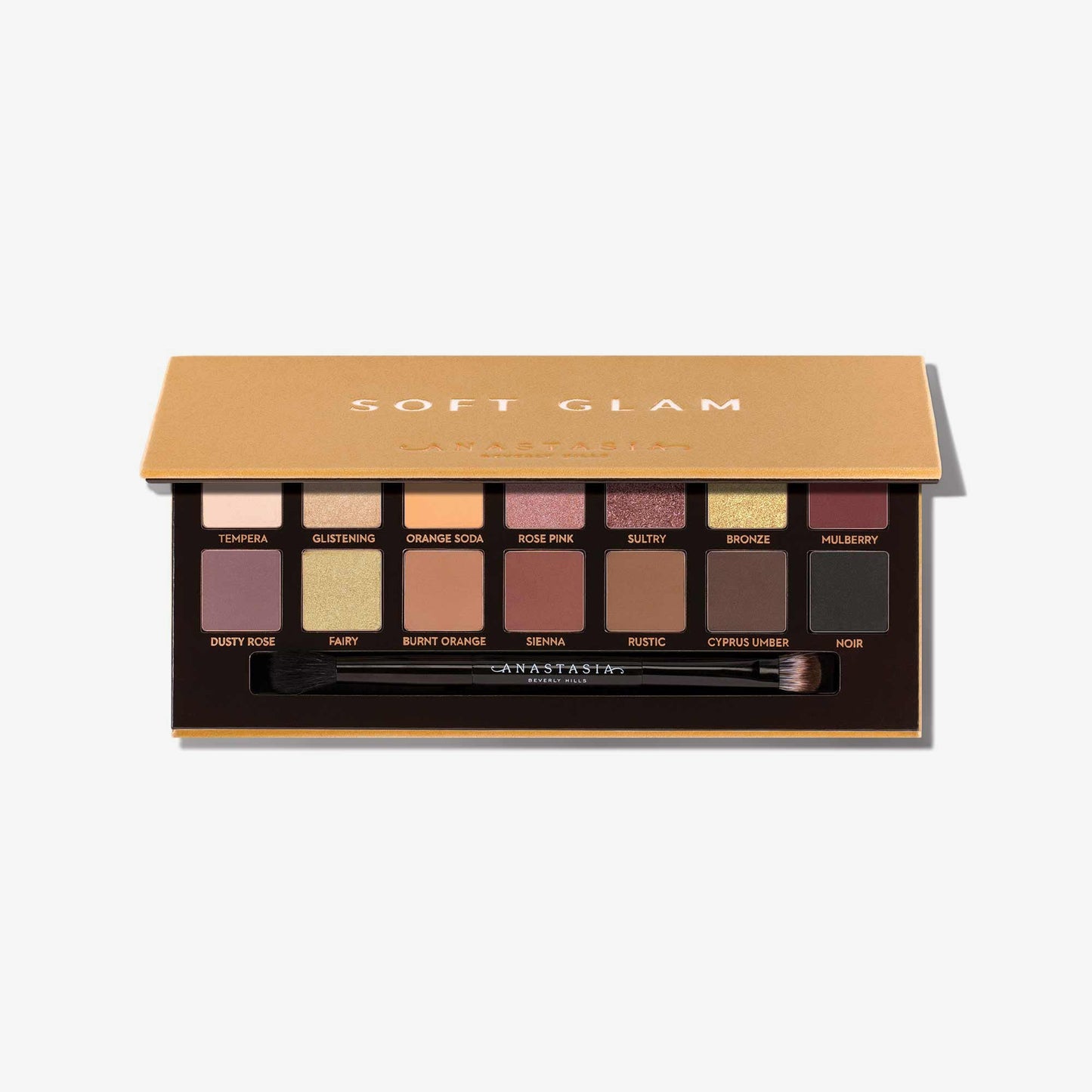 Anastasia Beverly Hills Soft Glam eyeshadow palette with neutral and warm shades displayed open, showcasing a variety of eyeshadow colors.