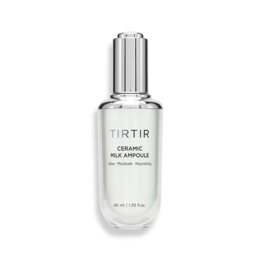 TIRTIR Ceramic Milk Ampoule 30 ML in a clear glass bottle with a white label, designed for skin hydration and nourishment.