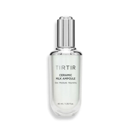 TIRTIR Ceramic Milk Ampoule 30 ML in a clear glass bottle with a white label, designed for skin hydration and nourishment.