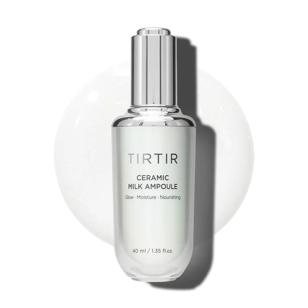 TIRTIR Ceramic Milk Ampoule 30 ML bottle with white ceramic design for skincare, showing the product label and packaging.