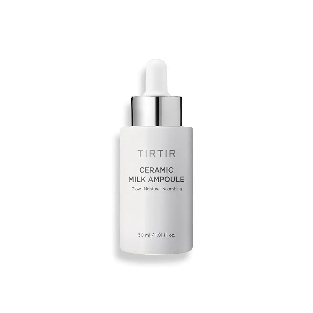TIRTIR Ceramic Milk Ampoule 30 ML, skincare product in a small glass bottle with a white cap and label, on a white background.