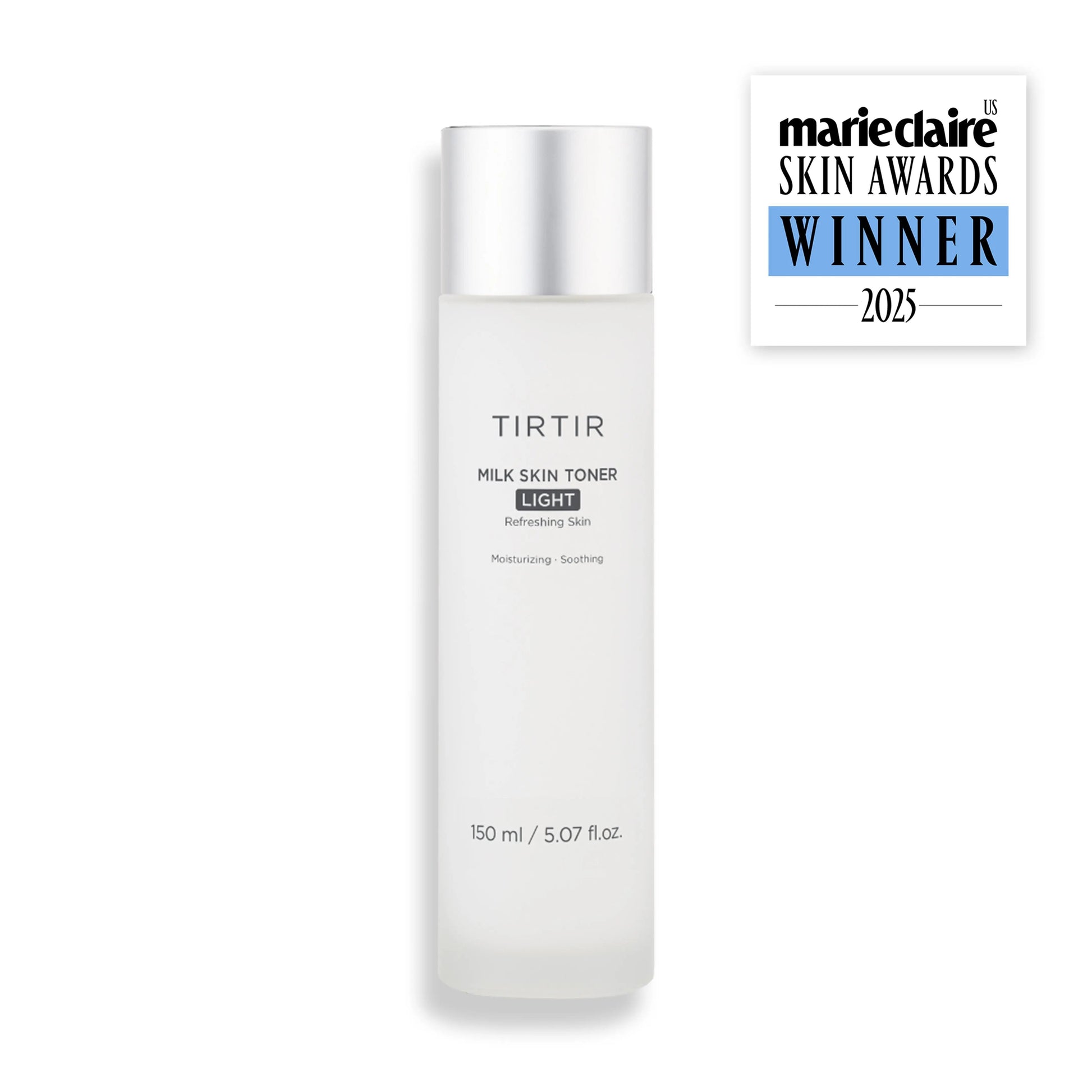 TIRTIR Milk Skin Toner Light 150 ML bottle with clear liquid and minimalist label, designed for gentle skin hydration.