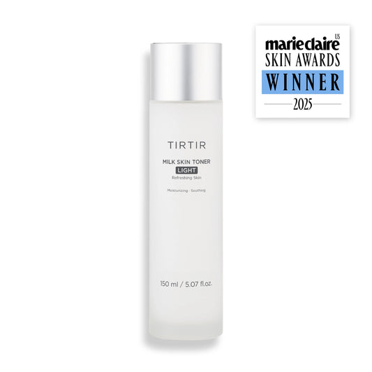 TIRTIR Milk Skin Toner Light 150 ML bottle with clear liquid and minimalist label, designed for gentle skin hydration.