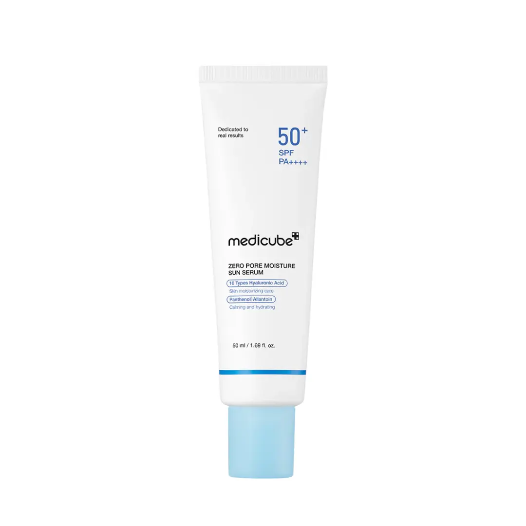 Medicube Zero Pore Moisture Sun Serum 50 ml bottle, lightweight sun protection serum with hydrating properties.
