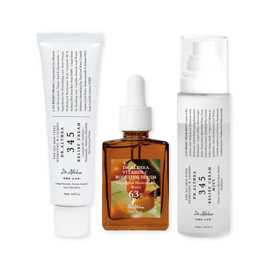 DR ALTHEA 3 Step Acne Care Set featuring skincare products for hydration and acne treatment in a clean, organized display.