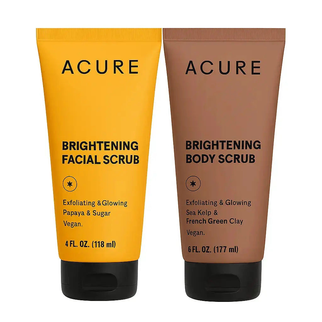 ACURE Brightening Skincare Duo with facial and body scrubs, featuring natural ingredients for radiant skin and exfoliation.