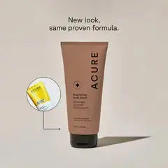 ACURE Brightening Skincare Duo featuring facial and body scrubs with natural exfoliating ingredients in white and clear jars.