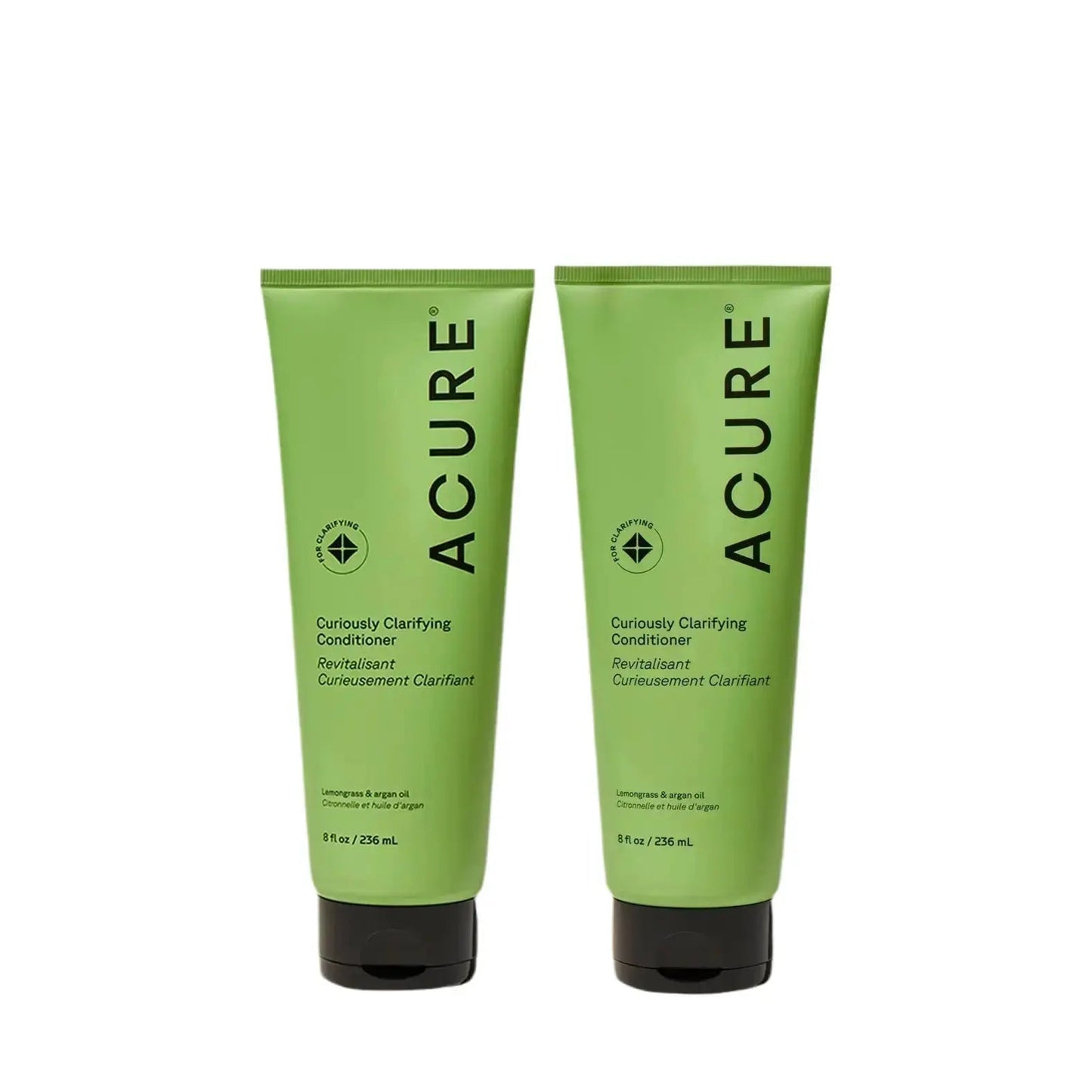 ACURE Curiously Clarifying Shampoo and Conditioner set, natural hair care products, in a matching bundle with bottles visible.