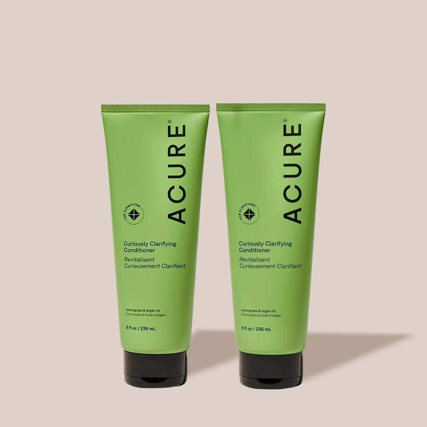 ACURE Curiously Clarifying Shampoo and Conditioner set, natural hair care bundle with gentle cleansing and nourishing formulas.