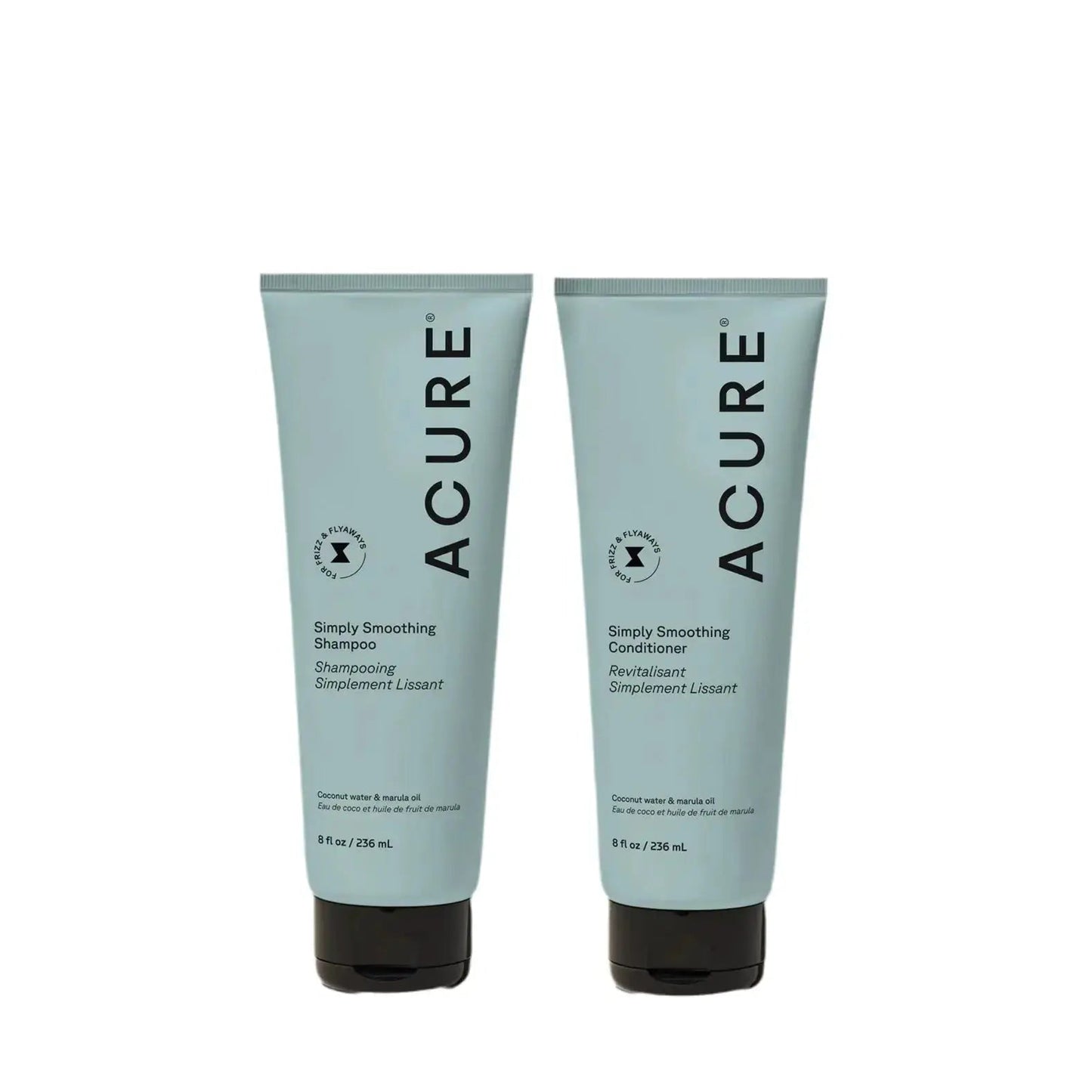 ACURE Simply Smoothing Shampoo and Conditioner bundle with bottles featuring minimalistic labels and sleek design.