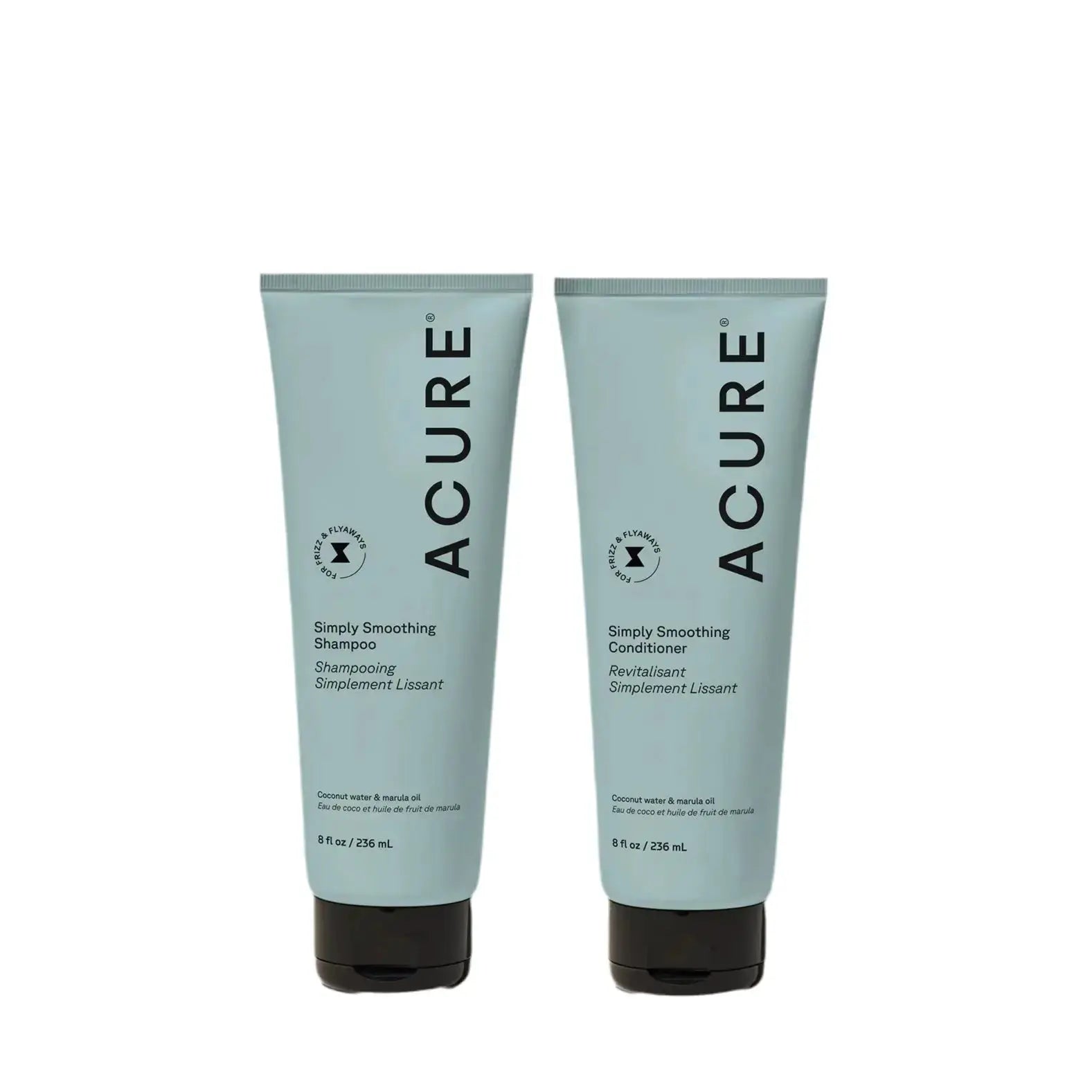 ACURE Simply Smoothing Shampoo and Conditioner bundle with bottles featuring minimalistic labels and sleek design.