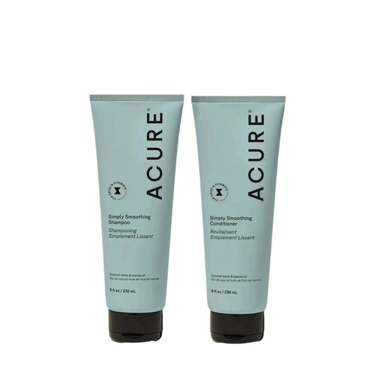 ACURE Simply Smoothing Shampoo and Conditioner bundle with bottles featuring minimalistic labels and sleek design.