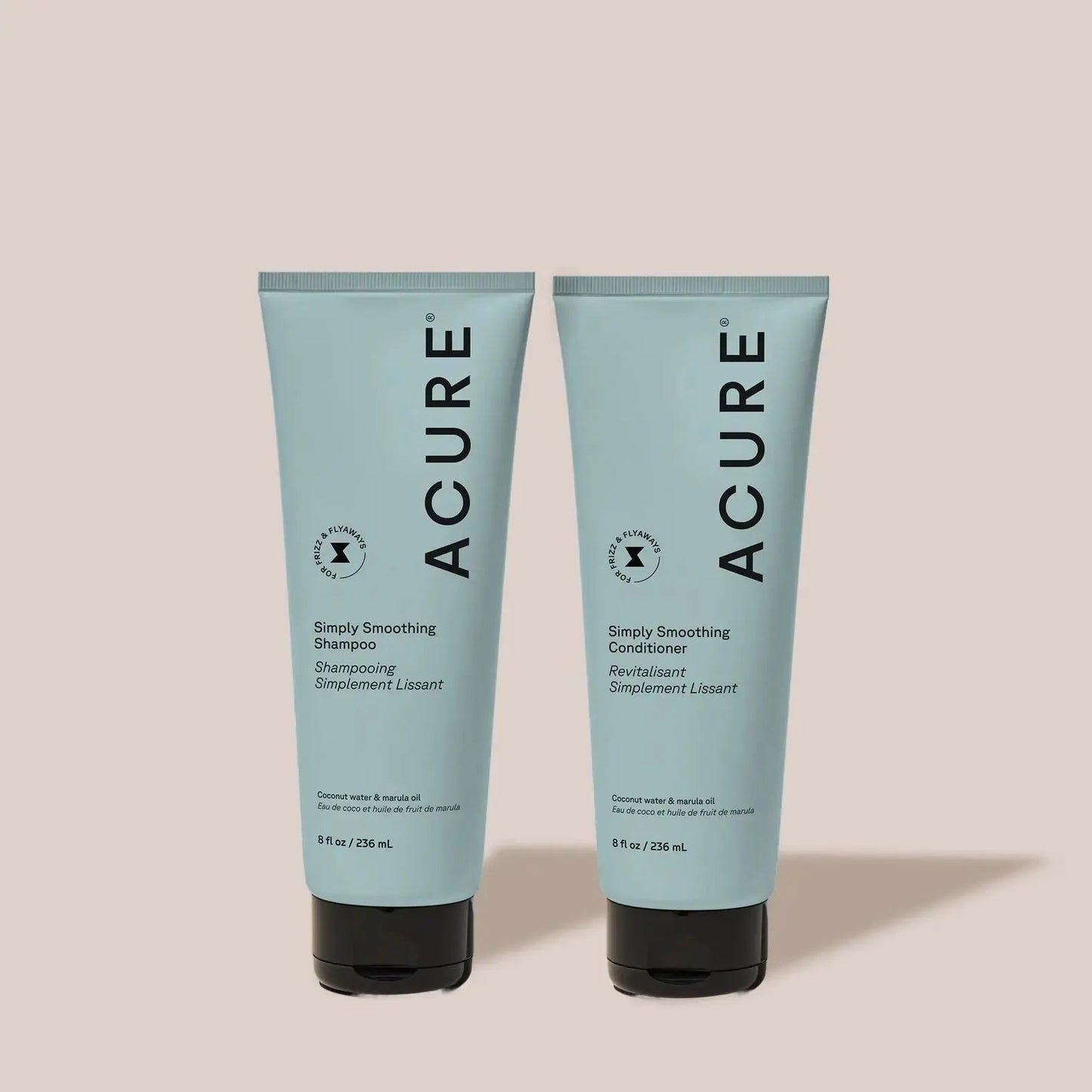 ACURE Simply Smoothing Shampoo and Conditioner Bundle showing two bottles with smooth hair on the labels