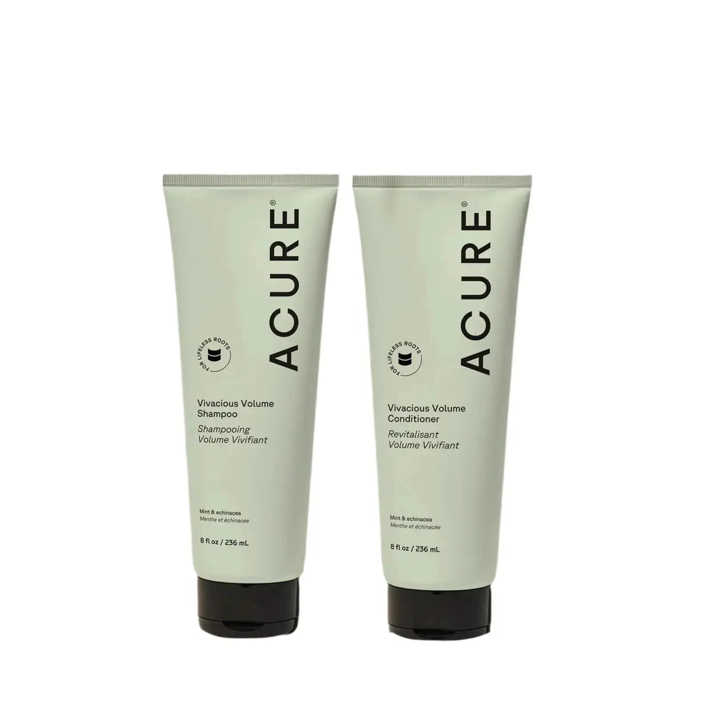 ACURE Vivacious Volumizing Shampoo and Conditioner bundle showing bottles with vibrant labels for healthy, voluminous hair.