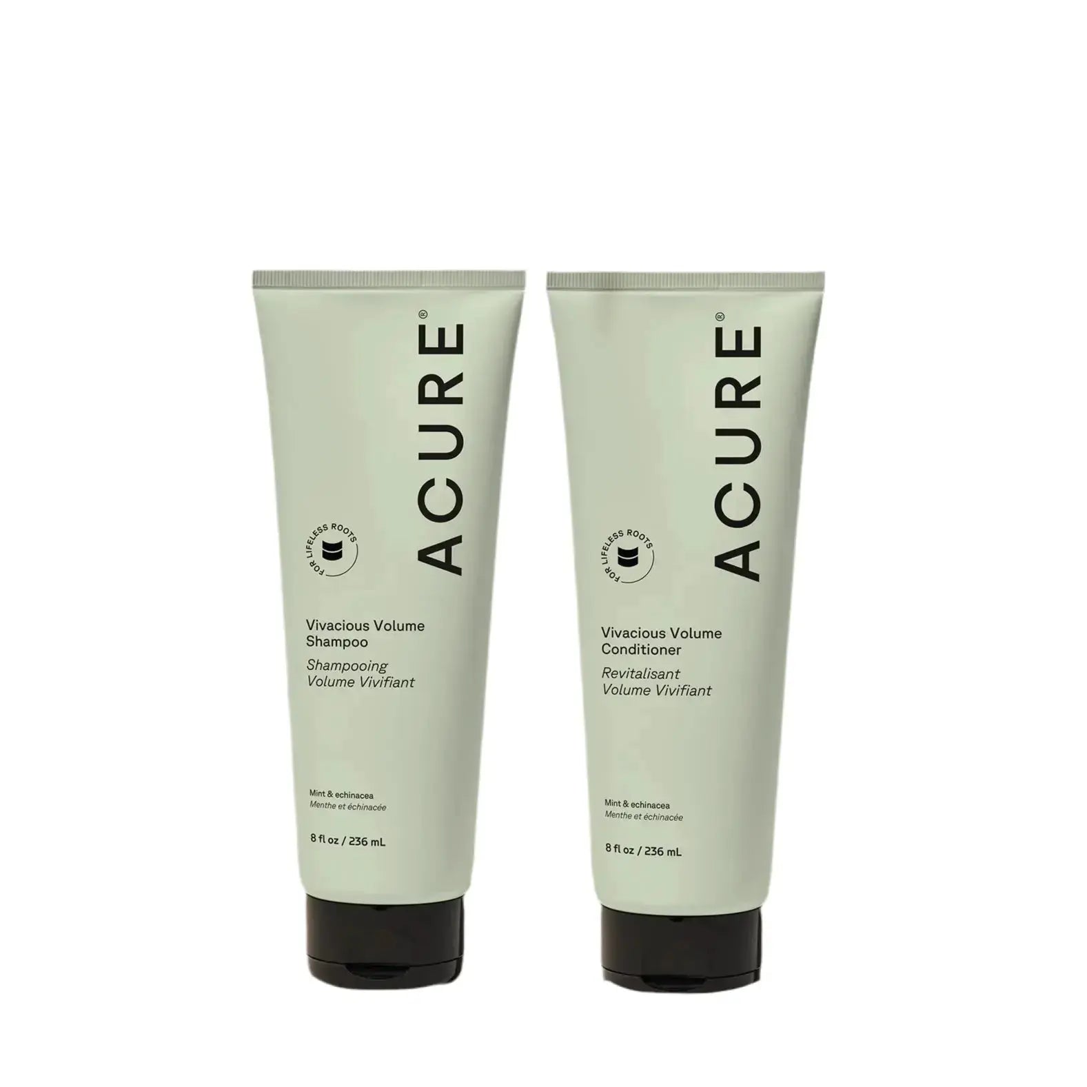 ACURE Vivacious Volumizing Shampoo and Conditioner bundle showing bottles with vibrant labels for healthy, voluminous hair.