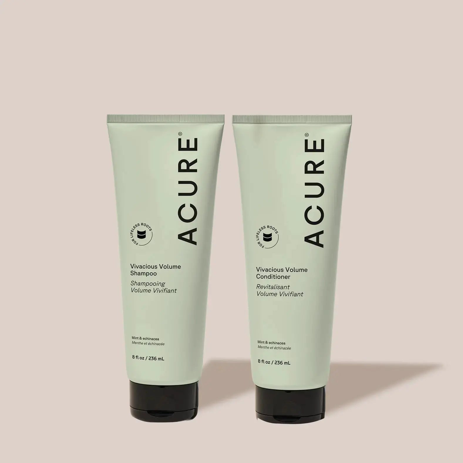 ACURE Vivacious Volumizing Shampoo and Conditioner set bundle showing bottles with product labels and vibrant packaging.