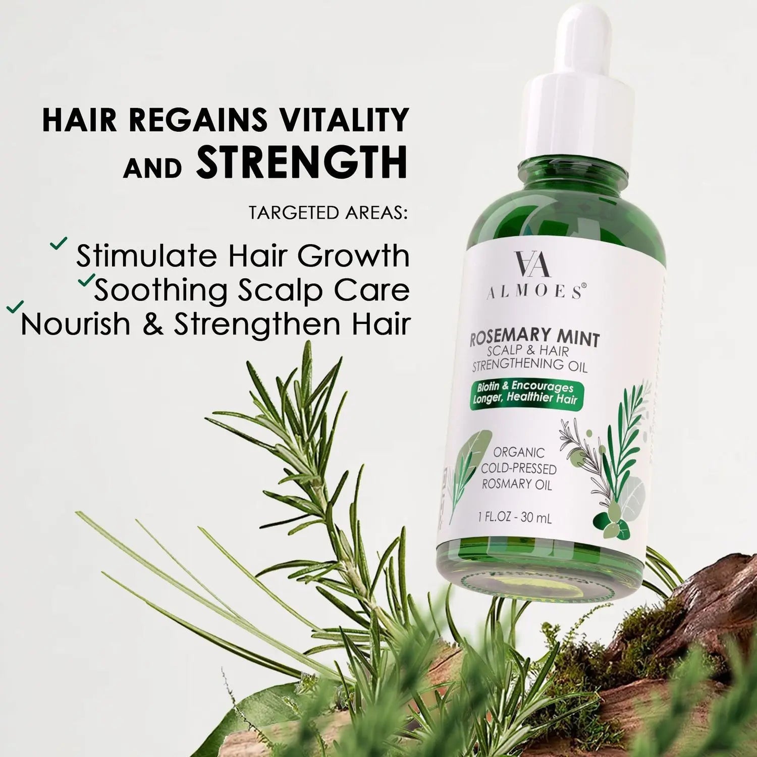 ALMOES Organic Rosemary Mint Unique Vitamin bottle, 30 ml, with fresh rosemary and mint ingredients visible in the image.