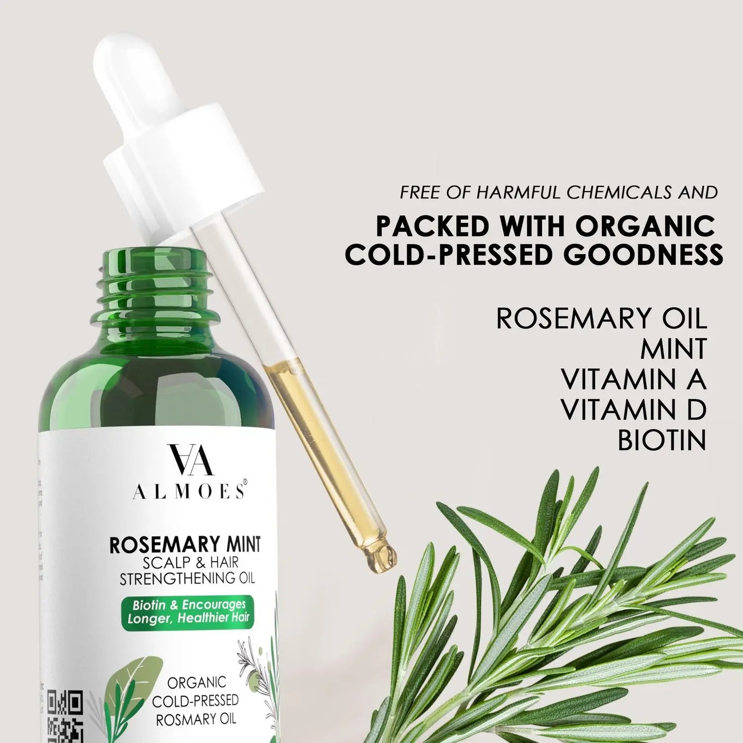 Organic ALMOES Rosemary Mint Vitamin in a 30ml bottle, featuring fresh rosemary and mint ingredients for health and wellness.