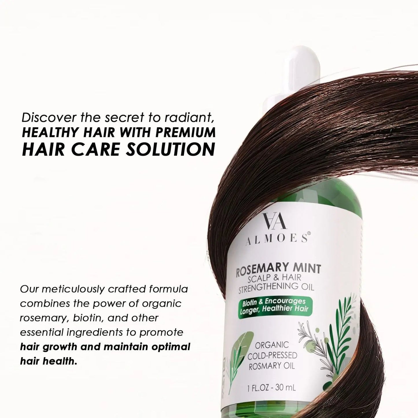 Almoes Organic Rosemary Mint Unique Vitamin bottle in clear 30 ml dropper with label, highlighting natural ingredients.